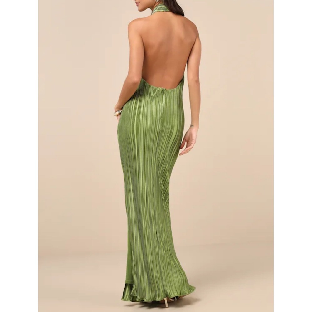Lulus Gwenny Lime Green Plisse Halter Neck Maxi Dress Glam Evening Formal Size M - Picture 3 of 13